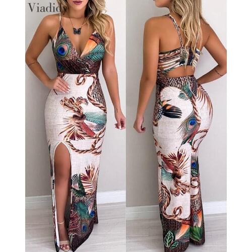 Women Bodycon Peacock Feather Print Thigh Slit Slip Dress Deep V Neck Slim Fit Backless Maxi Dress