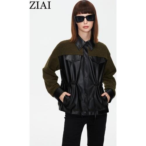 ZIAI 2021 Women Autumn Coat Teddy Faux Fur Outerwear Female Faux Leather Jacket Splicing Plush Drawstring Furry Overcoat ZN-T096