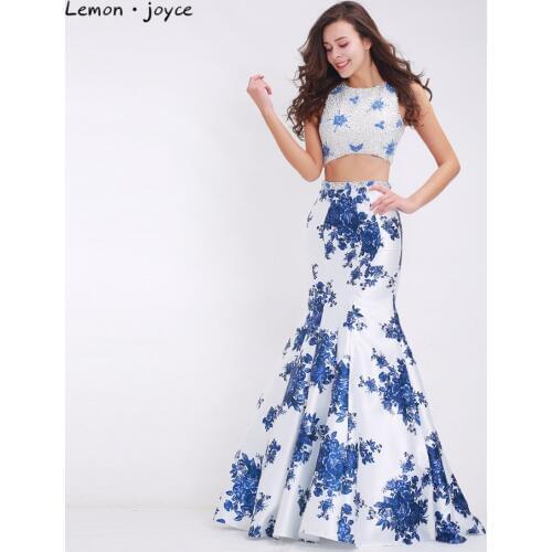 Elegant Blue Evening Dresses 2020 Two-piece O-neck Beading Formal Long Mermaid Party Gowns Plus Size robe de soiree