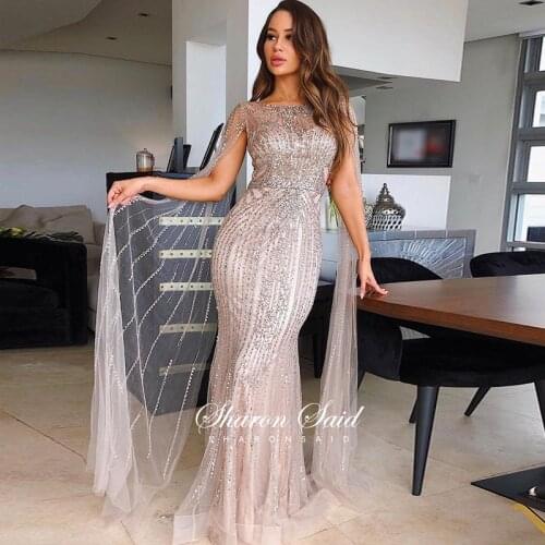 Luxury Dubai Mermaid Evening Dress with Cape Sleeve Champagne Lilac Long Arabic Prom Formal Dresses for Women Wedding Party Gown