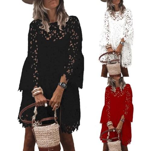 2021 Women Lace Crochet Dress Summer Spring Round Neck Condole Vest Flared Sleeves Long Sleeve Ruffle Casual Dress