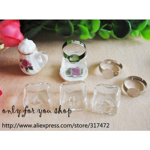 Free ship! 20sets/lot Square Glass Bubble glass vial pendant & Ring DIY Glass Vial pendant ring Glass Liquid Bubble Ring