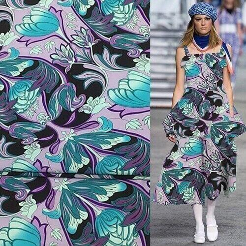 Heavier silk crepe georgette silk fabric floral print light purple bottom,SCG528