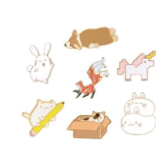Cartoon Animals Children Jewelry Enamel Pin Lazy Corgi Nine Tailed Fox Bunny Cat Brooch Bag Lapel Pin Badge