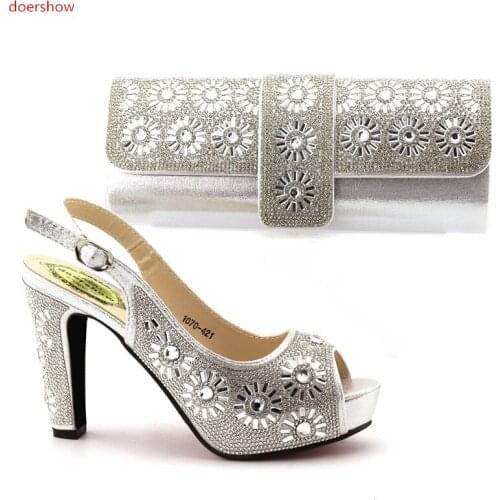 Doershow Nice Design silver Italian Shoes With Matching Bags Latest Rhinestone African Women Shoes and Bags Set For Sale!IO1-5