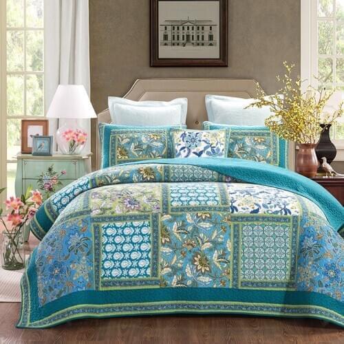 Double Quilt Bedspread 100% Cotton Vintage Patchwork Quilt Set Pillowcase 3 King-size Blanket Bedspread