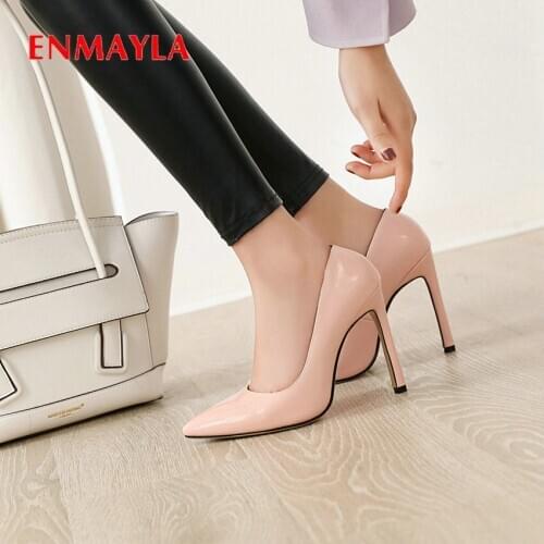 ENMAYLA Pointed Toe Dress Slip-On Thin Heels Pumps Women Shoes Basic Patent Leather Women High Heels PU Fashion Ladies Shoes