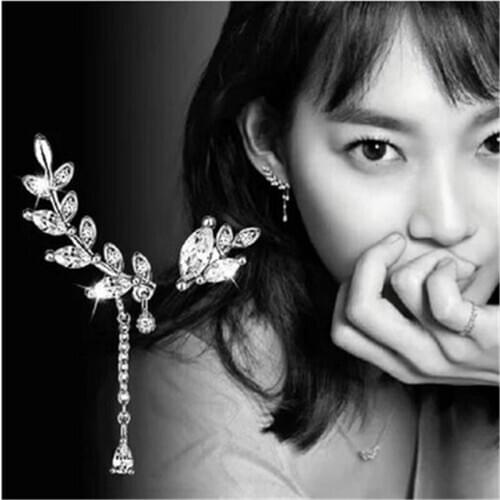 Inlaid Rhinestone Tree Leaves Leaf Asymmetric Ear Cuff Shiny Gold C And Silver Clip On Earring For Women Without Ear Hole