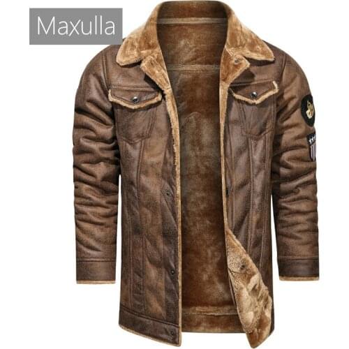 Maxulla Winter Mens Leather Jacket Mens Fleece Fur Collar Motorcycle Jackets Casual Outdoor Long Thermal Coats Men Clothing