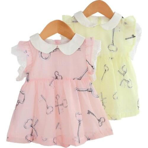 Summer new girls wholesale short sleeved children fly sleeve of baby girls dress cute princess key stamp sweet dress