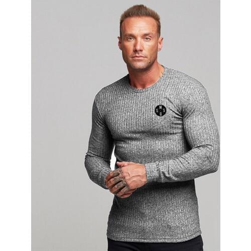 Machinefitness Spring Mens Long Sleeve Sweater Mens Solid Casual Stretch Slim Fit Fitness Clothing Brand Knitted Pullovers Male