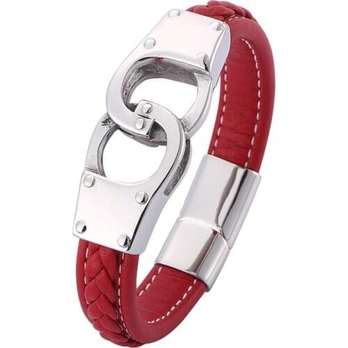 Punk Men Red Braided Leather Bracelet Stainless Steel Handcuffs Bracelets Magnetic Buckle Male Wristband Jewelry Gifts PD0742