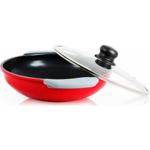 New 32cm Aluminum Alloy Non-Stick Multipurpose Frying Pans Soup Pot Red Woks Double Ear Handle Skillets Cooker with Glass Lid