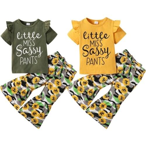 Girls Clothes 2021 Summer Style Baby Girls Clothing Sets Print T-shirt Flower Flared Pant 2Pcs Suit for Kids Clothes 1-5 Years