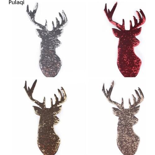 Pulaqi Christmas Decorations Elk Gold Deer Sequin Appliques Embroidery Iron On Patches Fabric Sewing Patch Stickers For Clothing