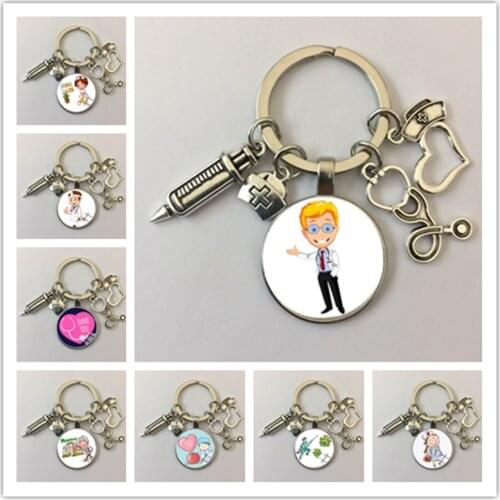 Cute medical key ring syringe nurse cap stethoscope doctor and nurse decoration keychain doctor and nurse gift keychain