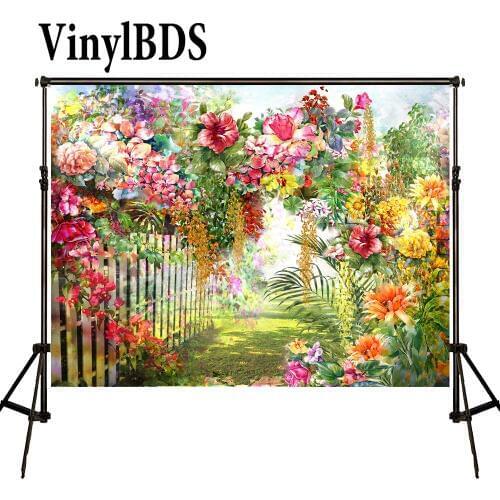 VinylBDS European Oil Painting Scenery Backdrop Spring Garden Outdoor Wedding Background Flowers Fence Naturism Children Photo