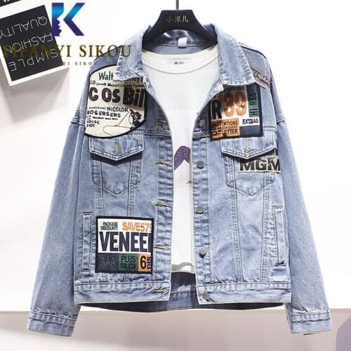 Jeans Jacket Women Letter Print Fashion Spliced Pocket Lapel Short Denim Jacket Korean Loose Casual Jeans Coat Female 2021 New