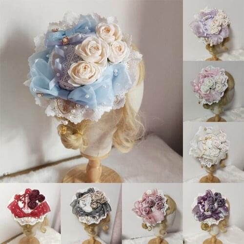 Women Lolita Lace Flat Hat Heart Pearl Flower Bow Hairpin Anime Cosplay Tea Party Retro Bonnet Fashion Elegant Hair Accessories