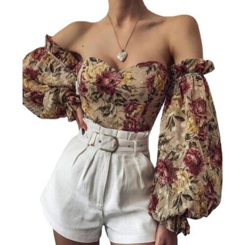 Dropshipping Top Off-shoulder Lantern Sleeve Polyester Sexy Ladies Print Chiffon Shirts for Date