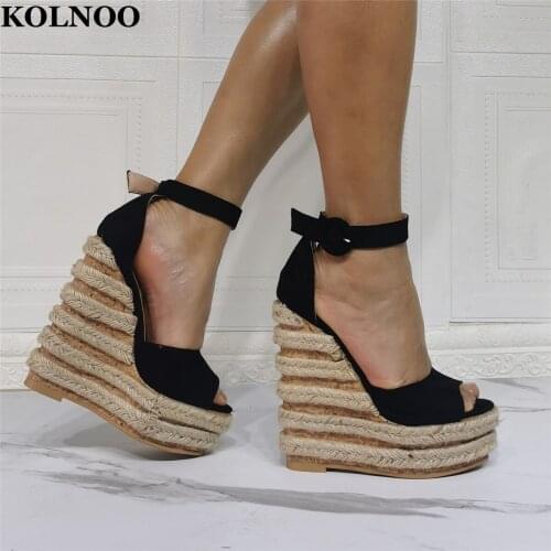 KOLNOO 2022 Handmade New Arrival Ladies Wadges Heel Sandals Buckle Ankle Strap Real Photos Peep-Toe Kid-Suede Sexy Fashion Shoes
