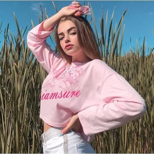 NCLAGEN Cute Angel Print Girl Pullover Long Sleeve Pink Hoodies O Neck Autumn Loose Casual Streetwear Women Sweatshirt Crop Tops