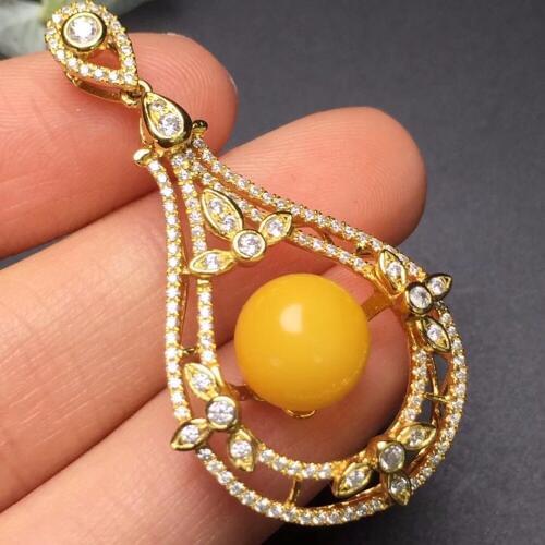 On Sale Real 925 Steling Silver s925 100% Natural Yellow amber beeswax Gemstone Female Pendant Necklaces Christmas Gift