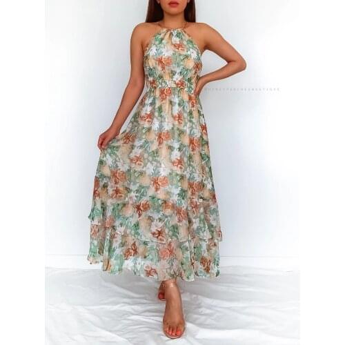 Women’s Fashion Suspender Dress Fashion Flower Off-shoulder Double-layer A-line Mid-length Dress Summer Holiday Sundress