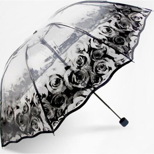 Personality Thickening Parapluie 3 Fold Transparent Princess Umbrella Romantic Rose PVC Clear Umbrellas Valentines Day Gifts