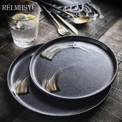 1PC RELMHSYU Japanese Style Ceramic Dishes Western Steak Beakfast Large Round Dinner Plate Tray Tableware