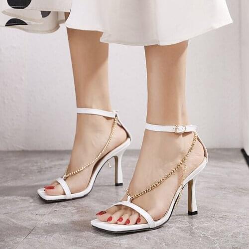 2021 New Summer Women Sandals High Heels Shoes Fashion Chain Design Square Head Open Toe Ankle Buckle Strap Sandals Women