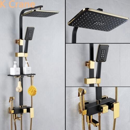 DigitaDigital Shower Set Bathroom Hot Cold Shower System Wall Mount SPA Rainfall LED Bath Faucet Bathtub Square Head Black Grifo