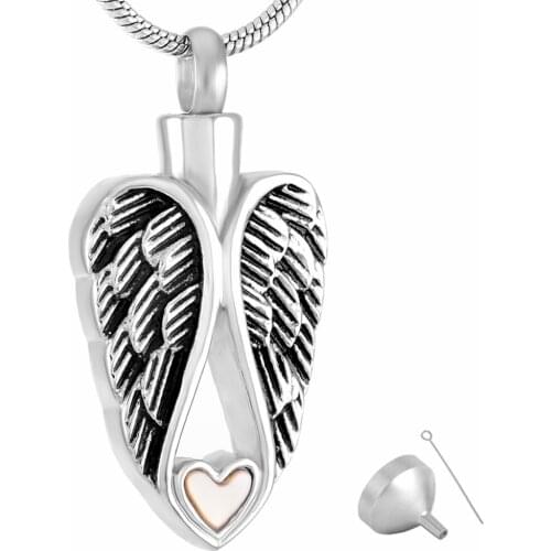 IJD9363 Most Popular Women/Men Stainless Steel Angel Wing Feather Hold Shell Heart Cremation Necklace With Metal Funnel Kits