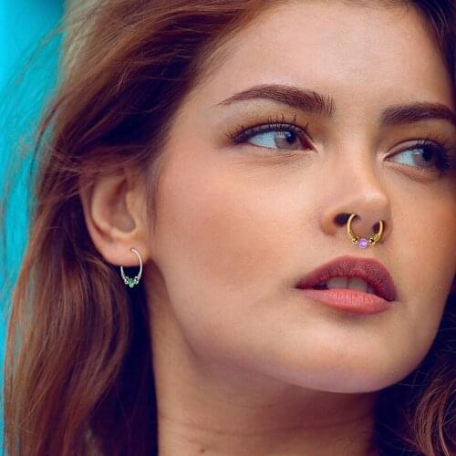 Boho Opal Fake Nose Piercing Ring Fashion Faux Septum Piercing Hoop Nose Ring Cartilage Tragus Earring Pircing Nariz