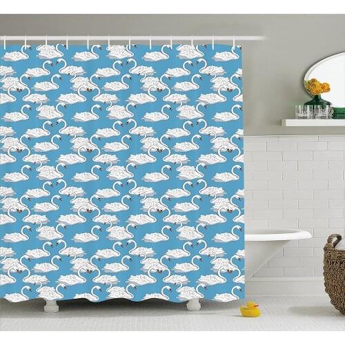 Swan Shower Curtain Gentle Birds of Nature White Swans on Pale Blue River Inspired Backdrop Home Decoration Bathroom Curtains