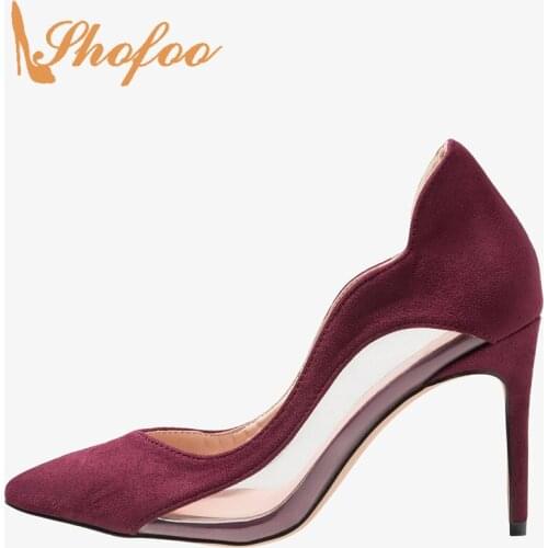 Patchwork Burgundy PVC Stilettos Pointed Toe Pumps Woman Super High Thin Heels Female Office Dress Shoes Large Size 33 35 Mature