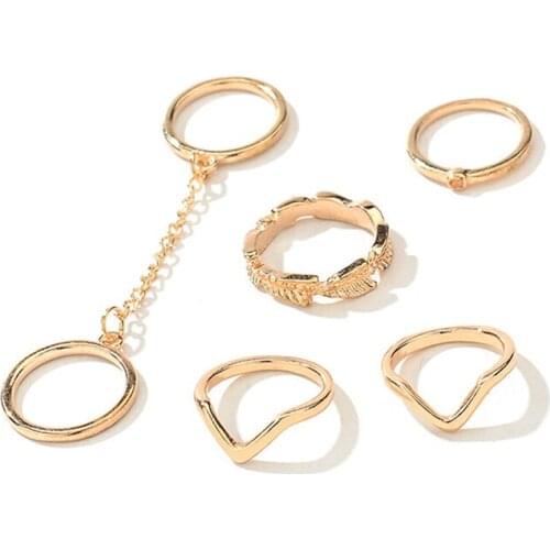 Fashion 6 piece set leaf shaped knuckles chains V ring korean style simple jewelry aesthetic accessories rings for women 2021