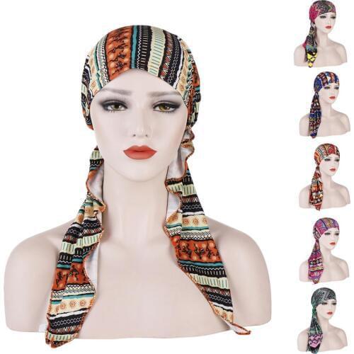 Muslim Women Hijab Scarf Headwrap Chemo Cap Hat Long Tail Printed Islamic India Hat Islamic Arab Ethnic Headscarf Hair Loss Cap