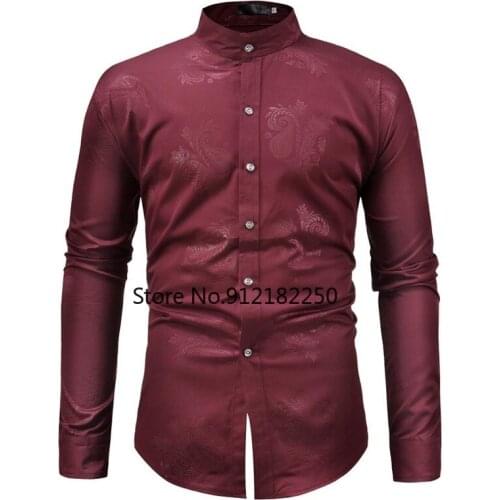 Mens Paisley Print Mandarin Collar Dress Shirts 2021 Fashion Slim Fit Long Sleeve Shirt Men Business Casual Camisa Masculina