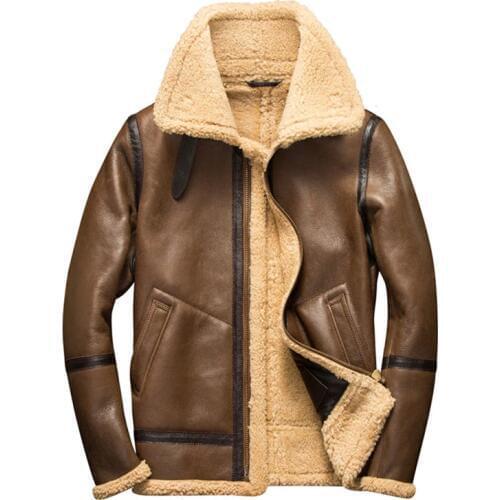 Denny&Dora Mens Shearling Coat Mens Fur Coat Light Brown Baseball Sheepskin Aviator Jacket