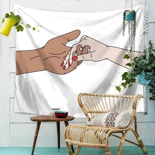 Hippie Wall Hanging Tapestry Couple Love Holding Hand Hook Finger Pink Wall Tapestry Line Draw Women Boho Decor Home Wall Carpet