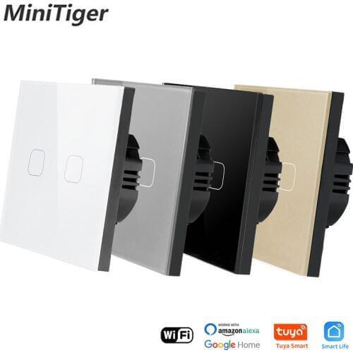 Minitiger Crystal Tempered Glass EU Standard 2 Gang Tuya/Smart Life WiFi Wall Light Touch Switch Wireless Control Touch Switch