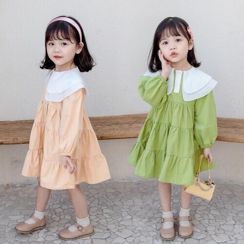 Newest Kids Dresses Girls Long Sleeves Fall Clothes Solid Peter Pan Collar Children Party Dress Princess Outfits for 1-6 Years