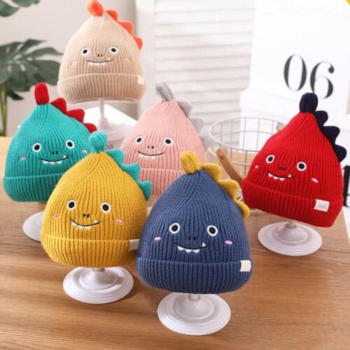 Autumn Winter Baby Hats Cartoon Dinosaur Soft Warm Newborn Baby Boy Girl Beanies Cap Solid Color Knitted Children Caps