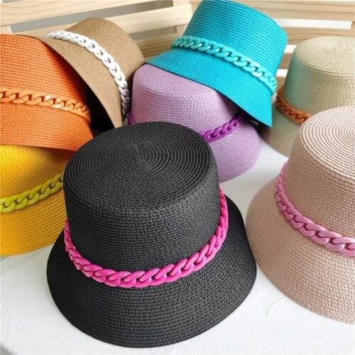 Harajuku Street Paper Straw Color Acrylic Chain Summer Beach Bucket Hat For Women Fishermen Cap Outdoor Chapeau Femme Sun Hats