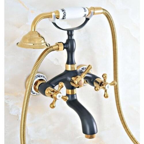Oil Rubbed & Gold Brass Two Handle Wall Mounted Bathroom Bath Tub Faucet Set with 150CM Hand Held Shower Spray Mixer Tap 2na405