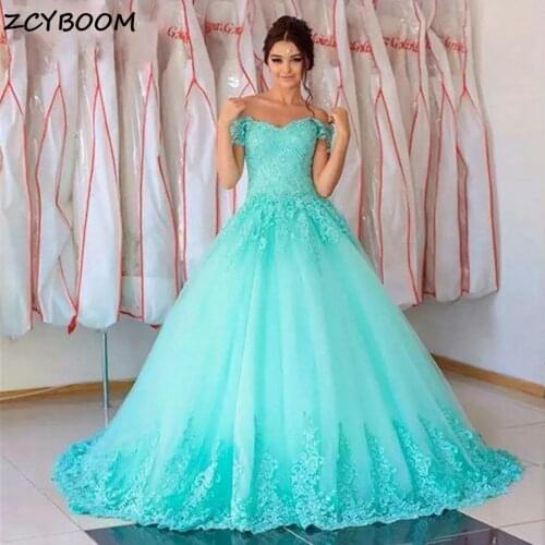 Light Blue Off Shouder Quinceanera Dresses 2021 Ball Gown Tulle Fluffy Gowns Formal Party Ceremony Graduation Long Prom Dress