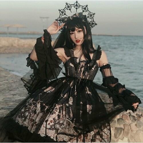 Japanese Gothic Jsk Lolita Dress Women Vintage Victorian Sleeveless Bow Princess Tea Party Dresses Girls Chic Print Lolita Dress