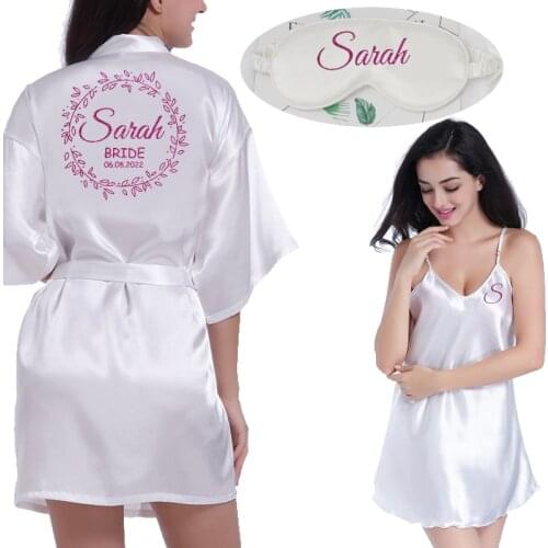 Custom Name Wedding Women Nightgown Sets 2 Pieces Nightdress Bathrobe Female Satin Kimono Bath Gown Sleepwear Pink Robes Suit