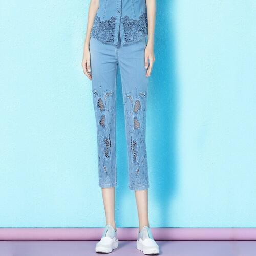 Nordic Winds 2019 Summer wild hollow out embroidery thin jeans female summer slim thin calf-length jeans women NW19B6197
